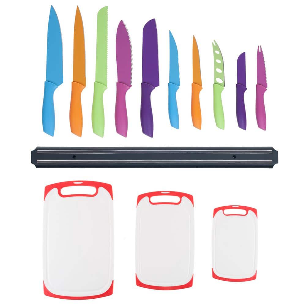 Classic Cuisine 10-Piece Stainless-Steel Cutting Knives with Magnetic Knife Holder and 3-Pack Plastic Cutting Boards