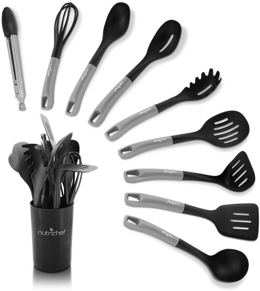 NutriChef 10 Pcs. Silicone Heat Resistant Kitchen Cooking Utensils Set - Non-Stick Baking Tools with PP Holder (Silver and Black)