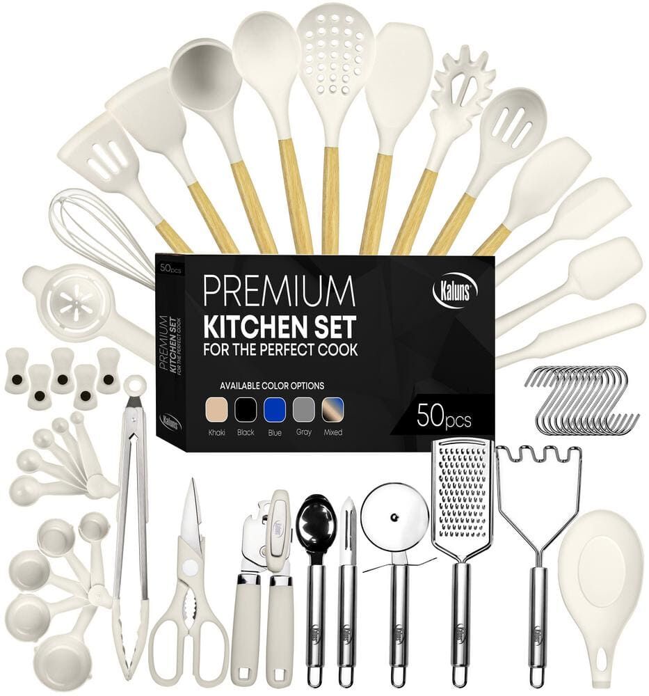 Kaluns Khaki, 50-Piece Set of Silicone Kitchen Utensils, Complete Kitchen Set, Premium Silicone Cooking Utensils