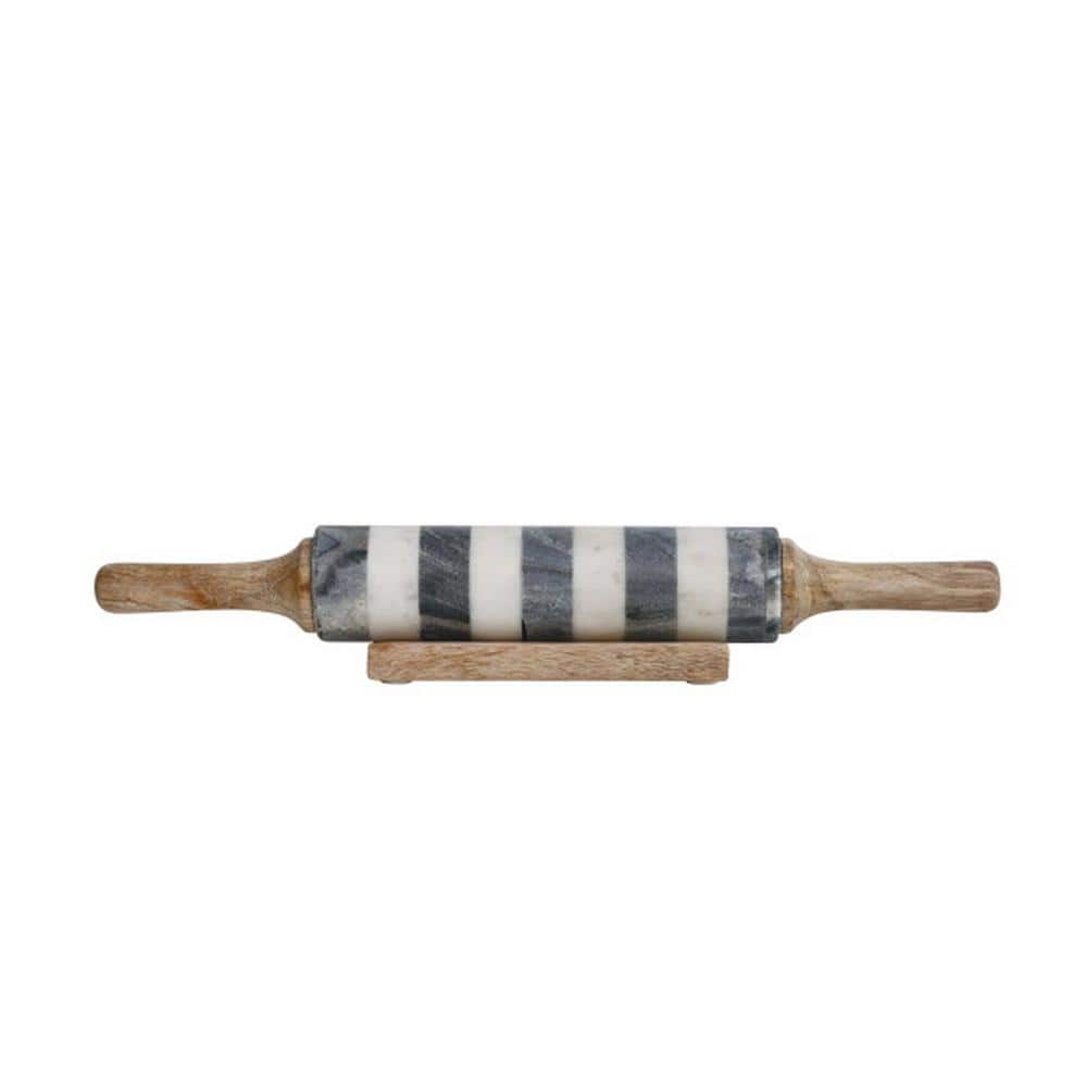 Storied Home Marble Black and White Rolling Pin Baking Tool with Stand
