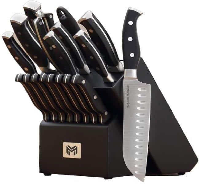 Aoibox 19-Piece Stainless Steel Kitchen Knife Set with Wooden Knife Block, Black