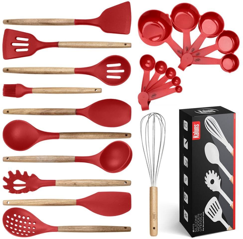 Kaluns 21-Piece Red Utensils Wood And Silicone Cooking Utensil Set