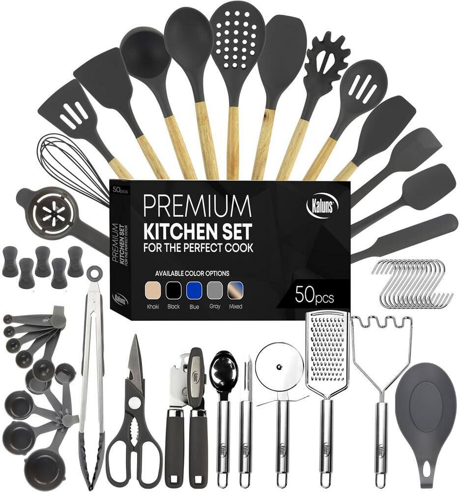 Kaluns Gray, 50-Piece Set of Silicone Kitchen Utensils, Complete Kitchen Set, Premium Silicone Cooking Utensils