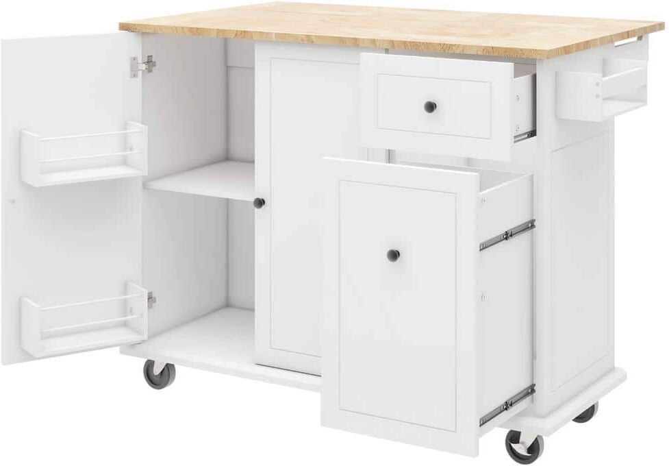 WarmieHomy White Kitchen Cart on Wheels with Drop Leaf and 3-Tier Pull Out Organizer, Spice Rack, Towel Rack