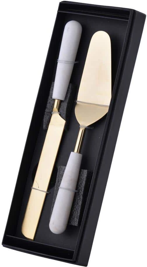 A & B Home Banswara White, Gold Cake Knife and Server (2-Set)