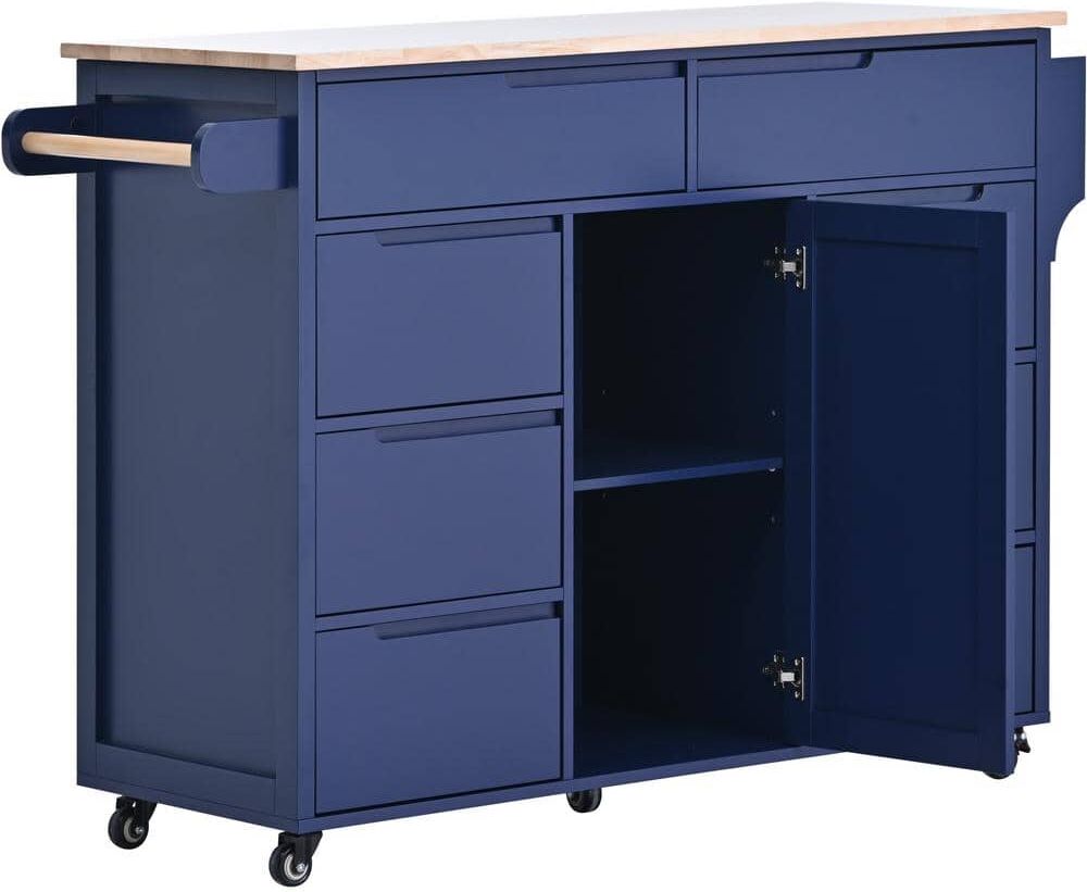 Blue Rubber Wood Countertop 53.1 in. W Kitchen Island with Adjustable Shelves, Spice Rack, Towel Holder