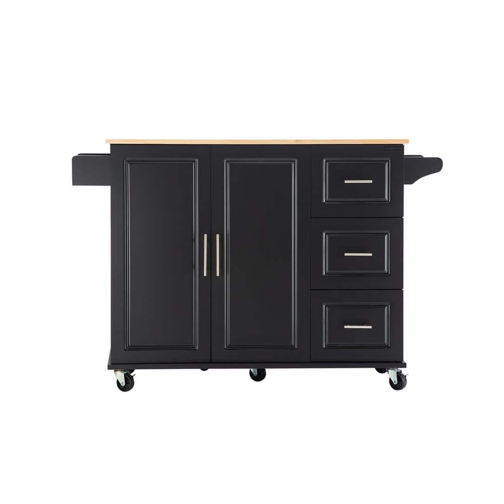 Tileon Black Kitchen Island with Extensible Solid Wood Table Top, 3-Drawer, Spice Rack, Towel Rack and Adjustable Shelves