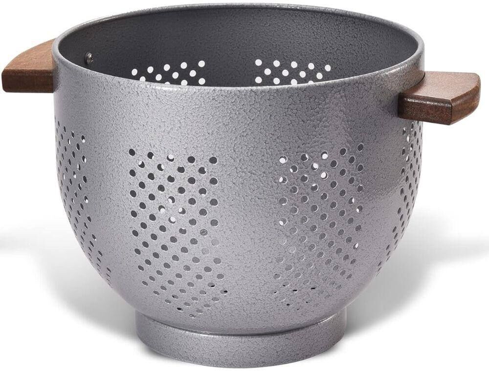 Aoibox 5.5 Qt. Large Metal with Wood Handle Kitchen Colander Stable Base, Grey Hammertone