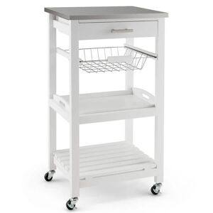 Costway White Compact Island Kitchen Cart Rolling Service Trolley with Stainless Steel Top Basket