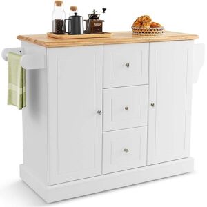Costway White Wooden Island on Wheels Rolling Utility Kitchen Cart Drawers Cabinets Spice Rack