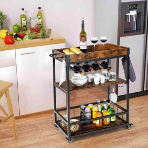 Costway Brown 3-Tier Rolling Kitchen Bar Cart Serving Trolley Wine Rack Removable Tray