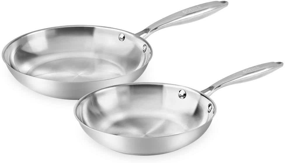 SEEUTEK 2-Piece Silver 8 in. 10 in. Tri-Ply Stainless Steel Frying Pan Oven Dishwasher Safe Classic Cooking Pan Cookware