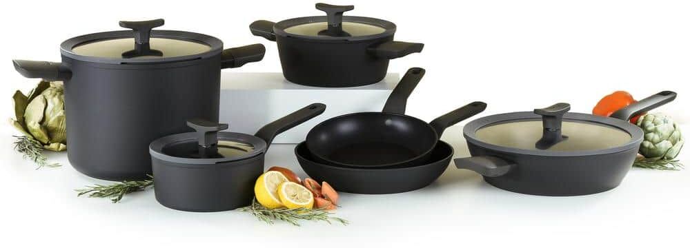 BergHOFF Leo 10-Piece Cast Aluminum Nonstick Ceramic Cookware Set with Glass Lids in Black