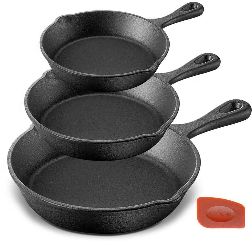 NutriChef 6 in., 8 in., 10 in. Kitchen Skillet Pans Pre-Seasoned Cast Iron Skillet Cooking Pan Set with Scraper