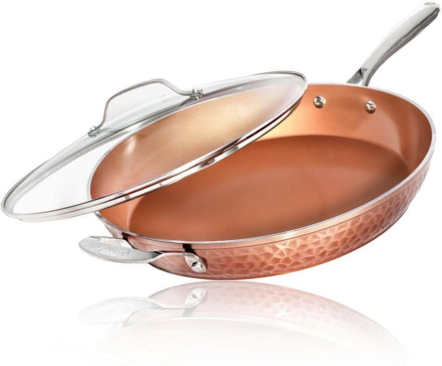 Gotham Steel Hammered Copper 14 in. Aluminum Non-Stick XL Family Frying Pan with Glass Lid