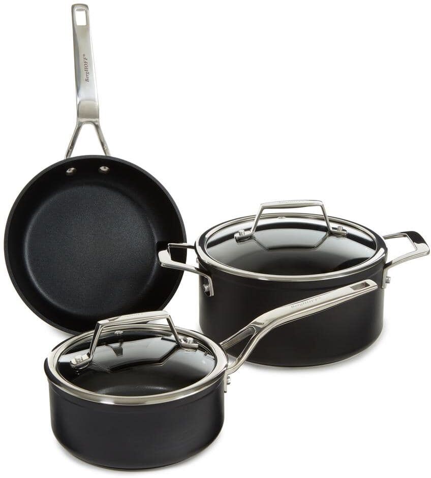 BergHOFF Essentials 5-Piece Hard Anodized Aluminum Nonstick Cookware Set for Two in Black with Glass Lid