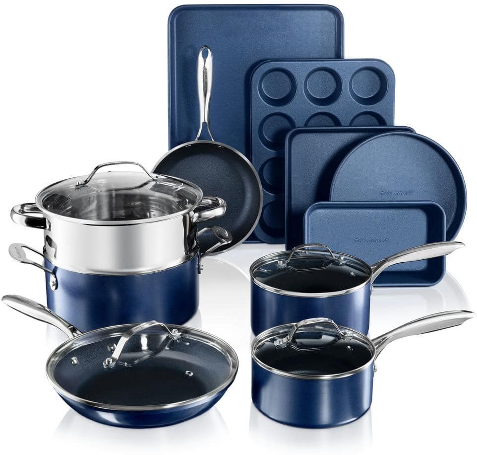 GRANITESTONE Classic Blue 15-Piece Aluminum Ultra-Durable Non-Stick Diamond Infused Cookware and Bakeware Set