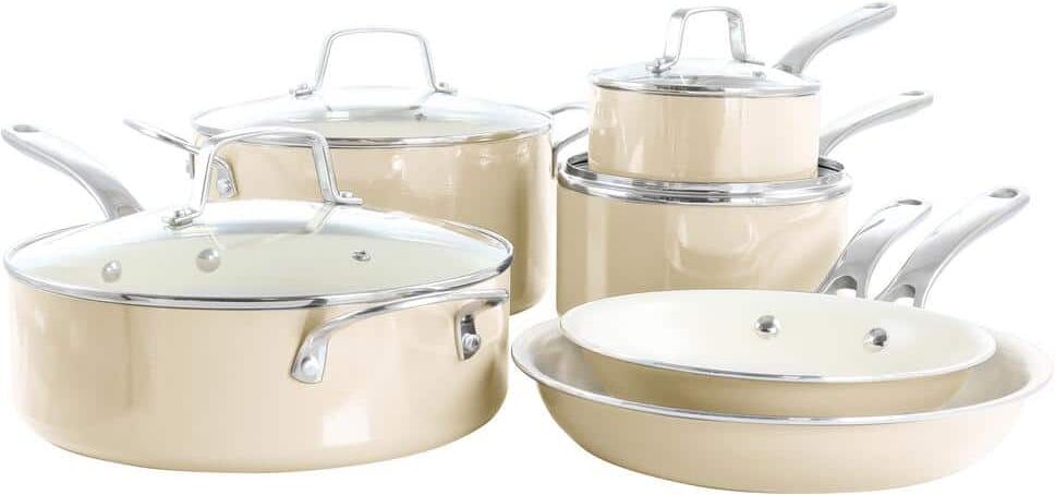 MARTHA STEWART Lockton Premium 10-Piece Enameled Heavy Gauge Aluminum Ceramic Nonstick Cookware Set in Butter Cream