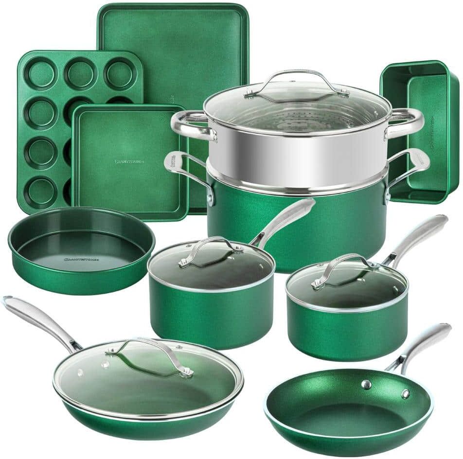 GRANITESTONE 15-Piece Aluminum Ultra-Durable Non-Stick Diamond Infused Cookware and Bakeware Set in Emerald Green