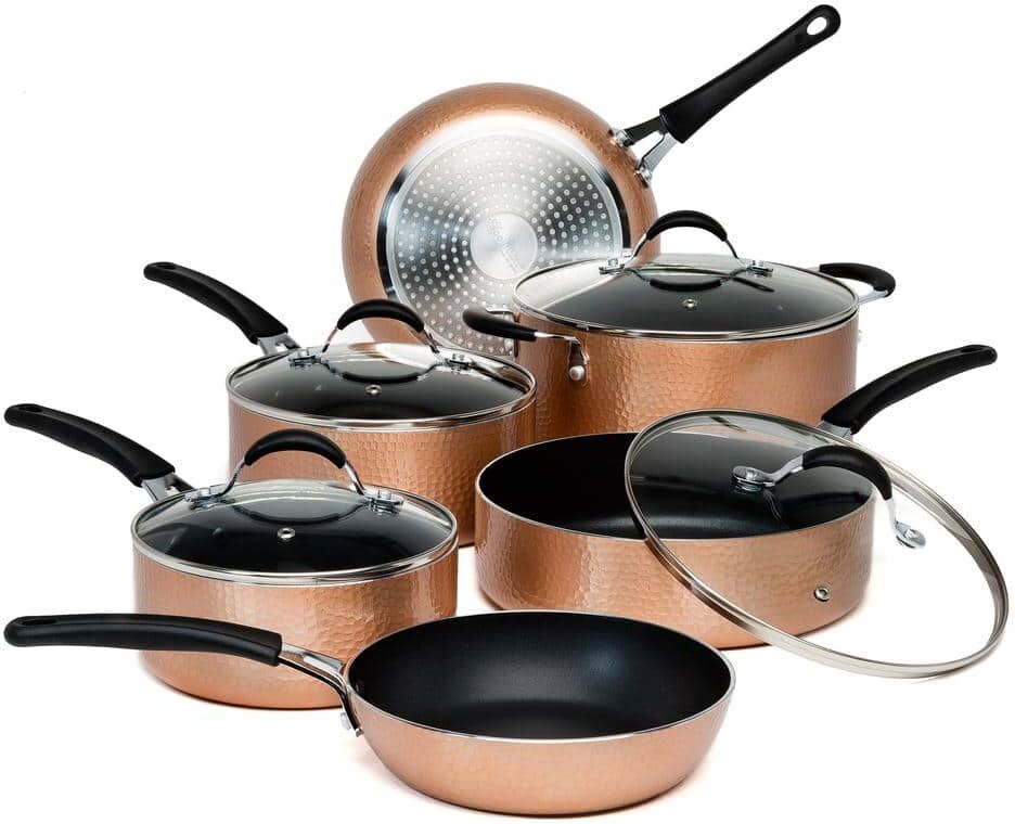 Ecolution Impressions 10-Piece Hammered Nonstick Aluminum Dishwasher Safe Cookware Set in Copper