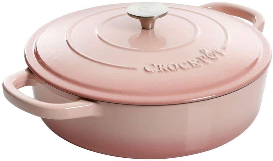 Crock-Pot Artisan 5 qt. Blush Pink Round Enameled Cast Iron Braiser Pan with Self Basting Lid