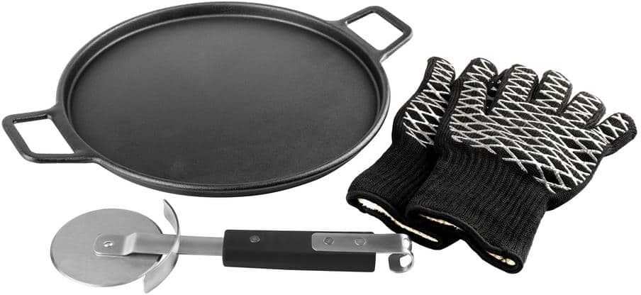 PITMASTER KING 4-Piece Cast Iron Pizza Stone/Round Griddle/Skillet with Handles, Pizza Cutter, Heat Resistant Gloves