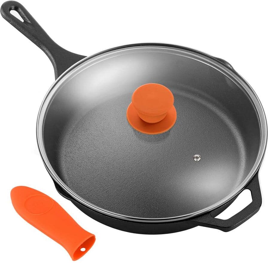 NutriChef 10 in. Pre-Seasoned Cast Iron Frying Pan with Glass Lid and Silicone Handle