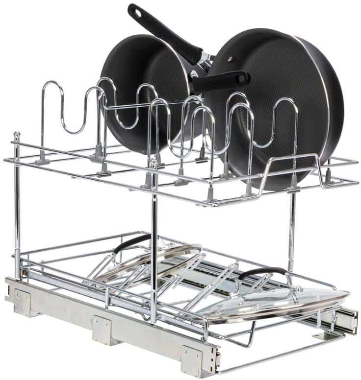 Pot and Pan Lid Organizer for Cabinet, 14 in. Sliding Pot and Lid Cookware Organizer, Chrome