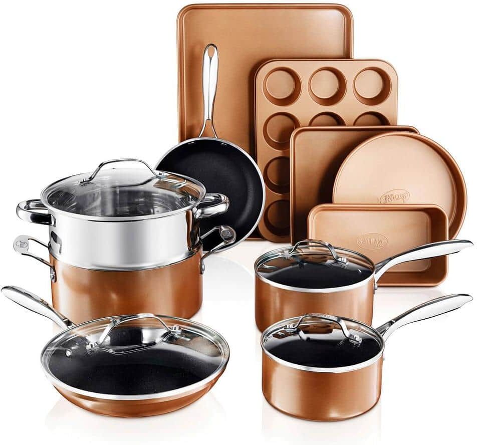 Gotham Steel 15-Piece Cast-Textured Aluminum Ultra-Nonstick PFOA Free Bakeware and Cookware Set in Copper