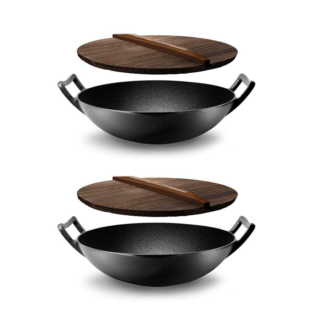 NutriChef Pre Seasoned Cooking Wok Cast Iron Stir Fry Pan w/Wooden Lid (2 Pack)
