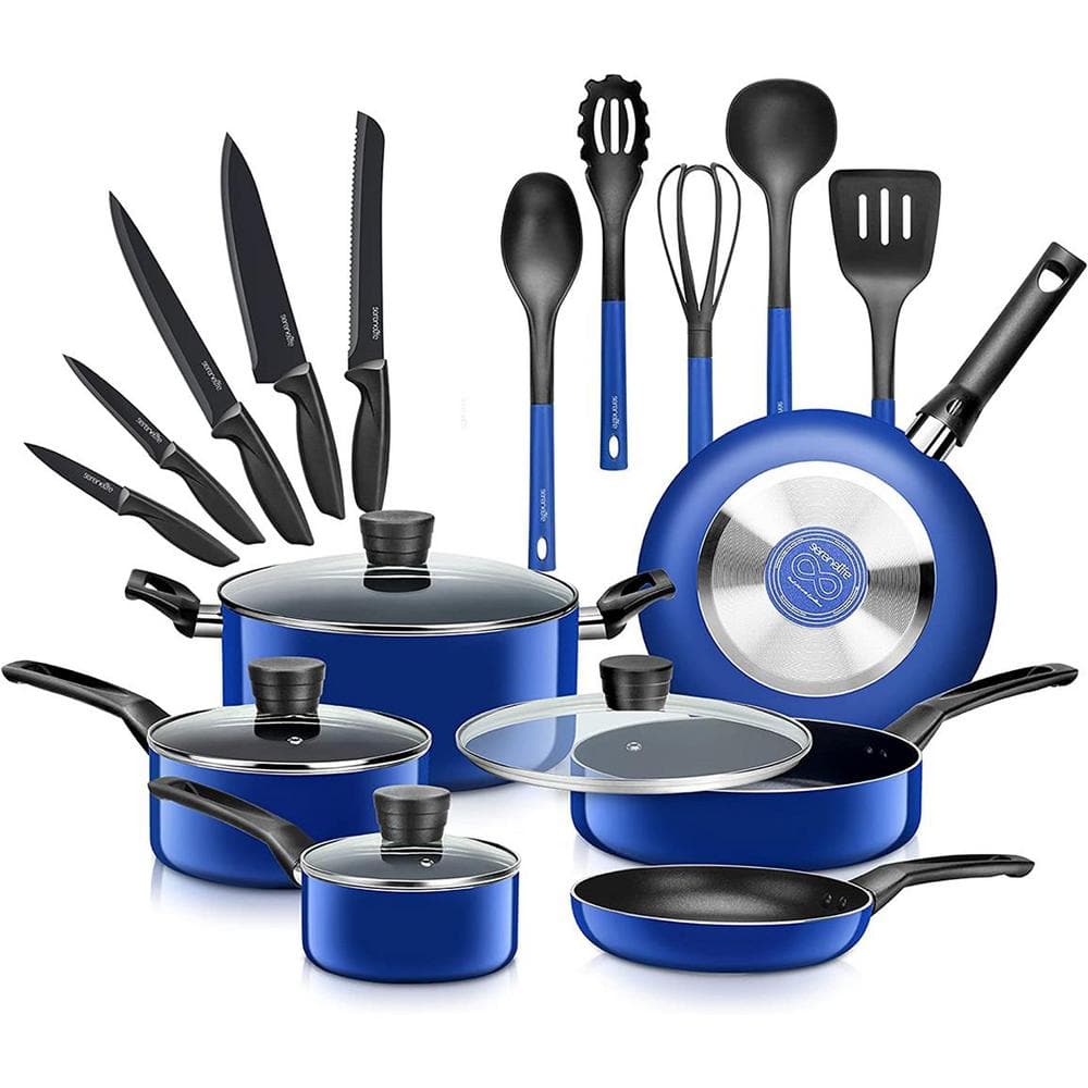 SereneLife 20-Piece Blue Aluminum Nonstick Cookware Set