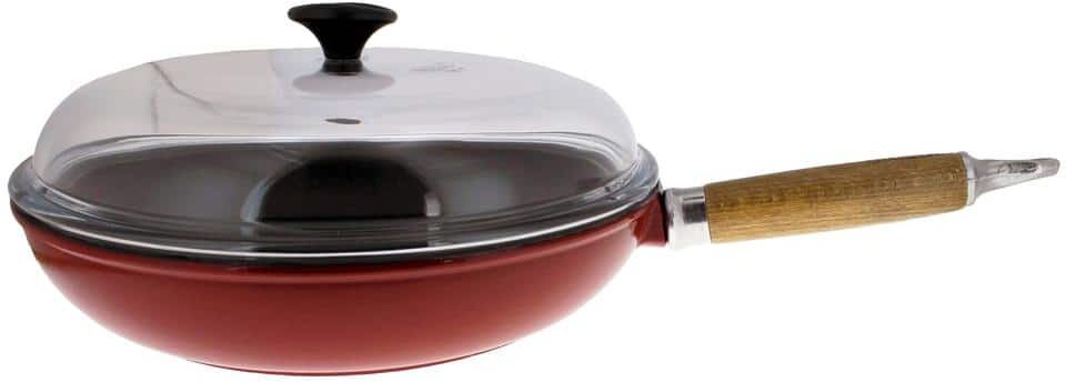 Chasseur French Enameled 11 in. Cast Iron Frying Pan in Red with Glass Lid