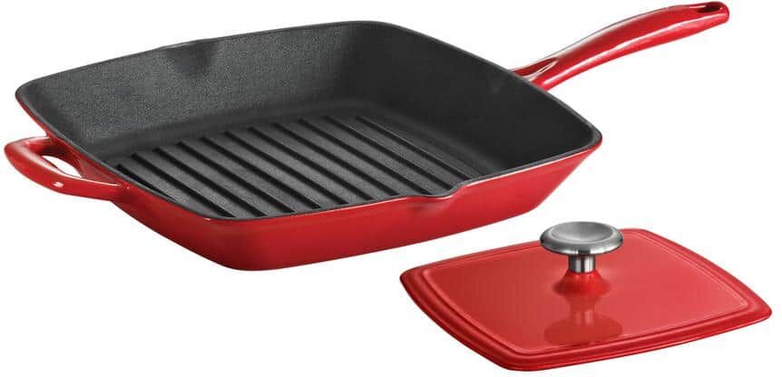 Tramontina Gourmet 11.5 in. Enameled Cast Iron Grill Pan in Gradated Red with Bacon Press