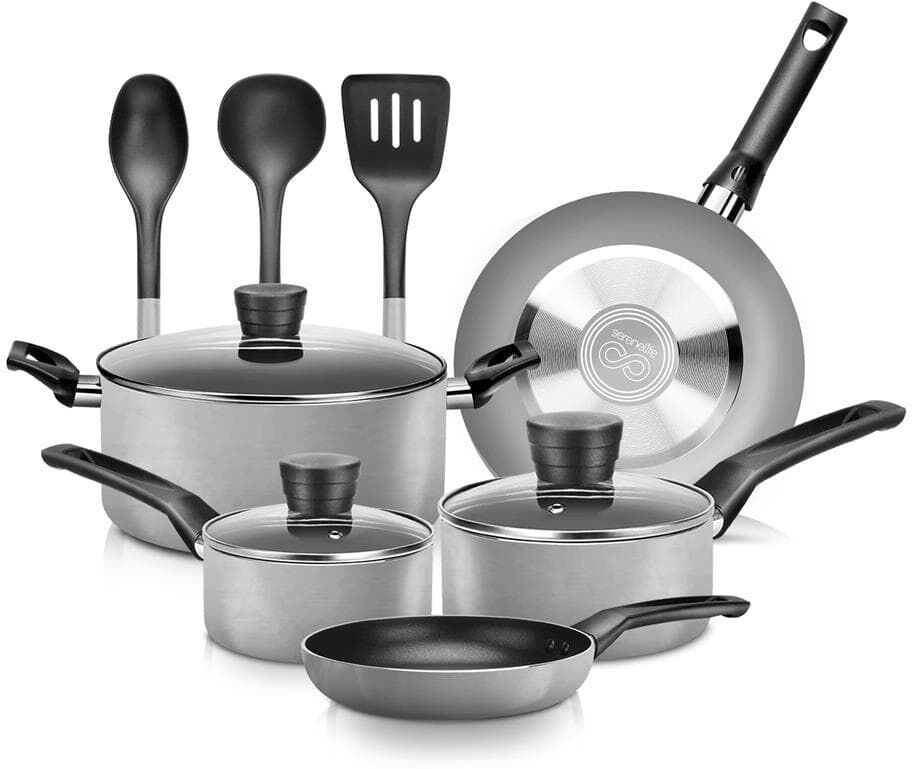 SereneLife 11 Piece Aluminum Nonstick Cookware Set in Gray