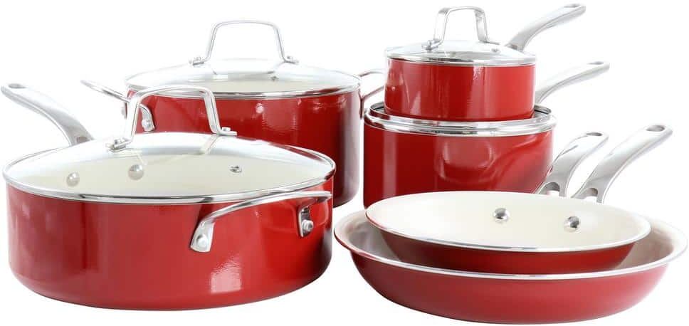 MARTHA STEWART Lockton Premium 10-Piece Enameled Heavy Gauge Aluminum Ceramic Nonstick Cookware Set in Red