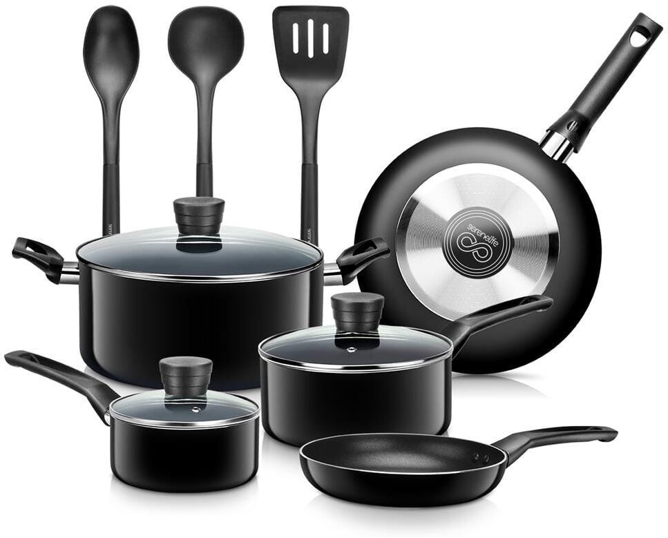 SereneLife 11 Piece Aluminum Nonstick Cookware Set in Black