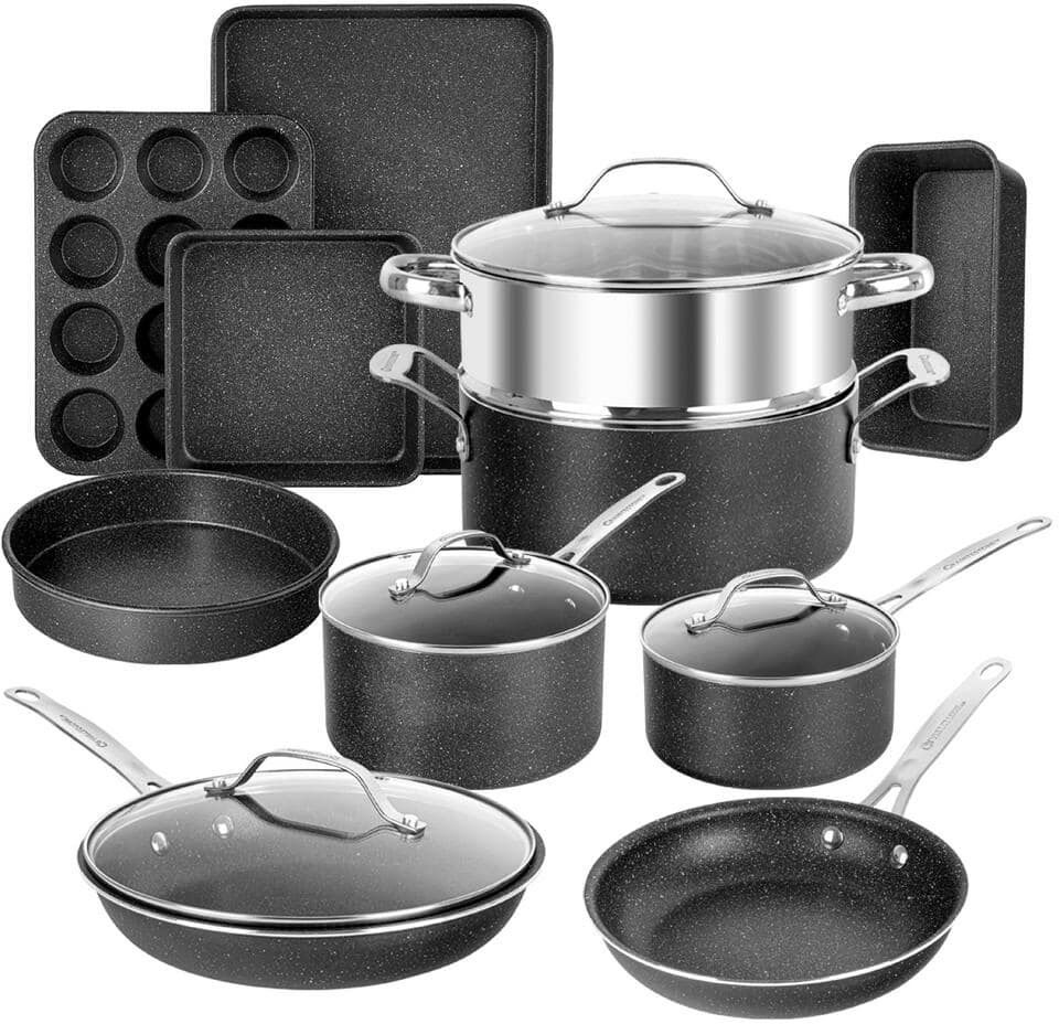 GRANITESTONE 15-Piece Aluminum Ultra-Durable Non-Stick Diamond Infused Cookware and Bakeware Set in Black