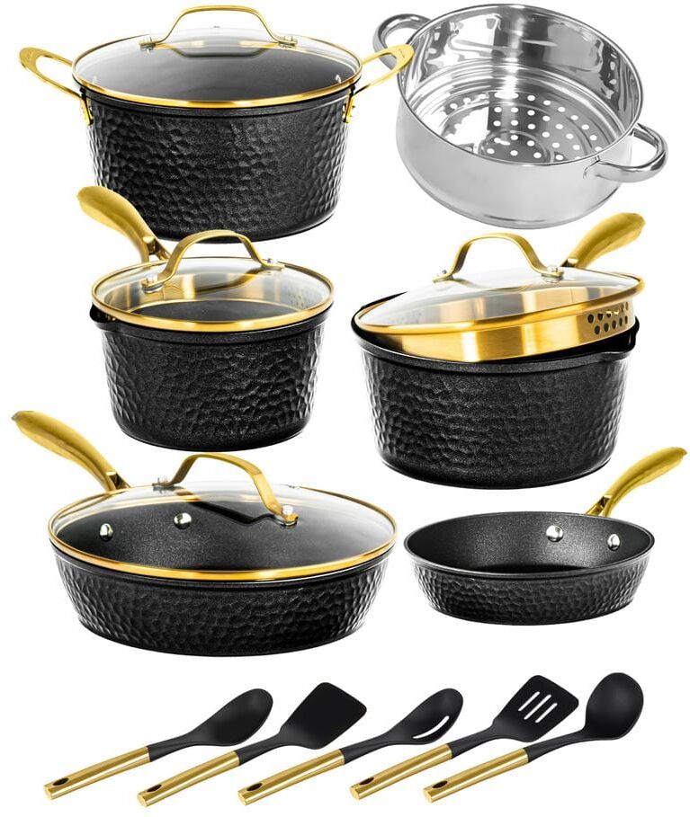 GRANITESTONE Charleston Collection 15-Piece Aluminum Hammered Nonstick Cookware Set with Utensils in Black