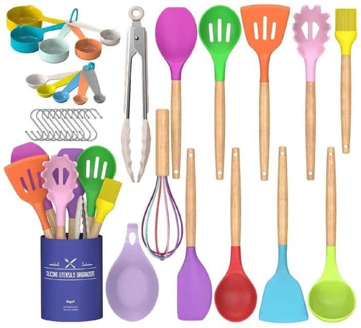 Aoibox 33-Piece Silicon Cooking Utensils Set with Wooden Handles and Holder for Non-Stick Cookware, Colorful