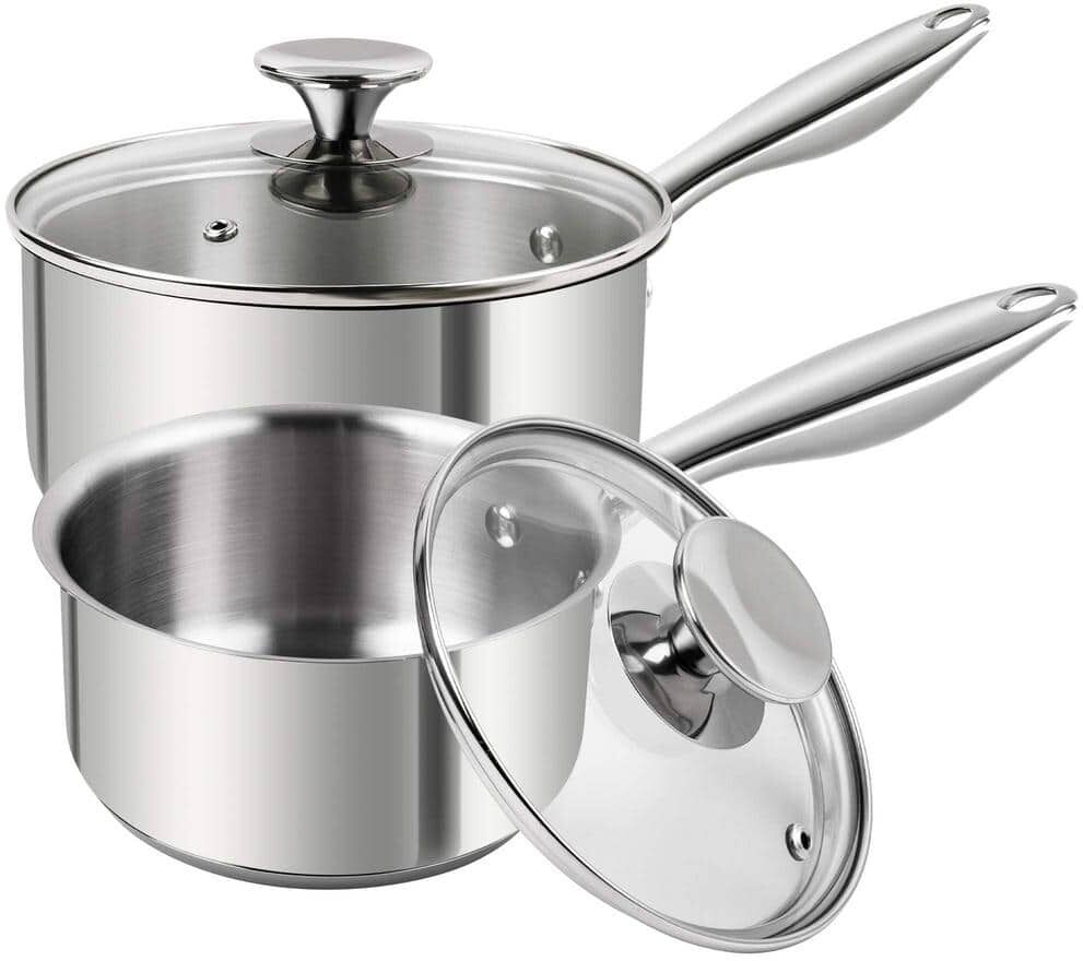 1 qt. 2 qt. Stainless Steel Nonstick Sauce Pan in Silver with Lids