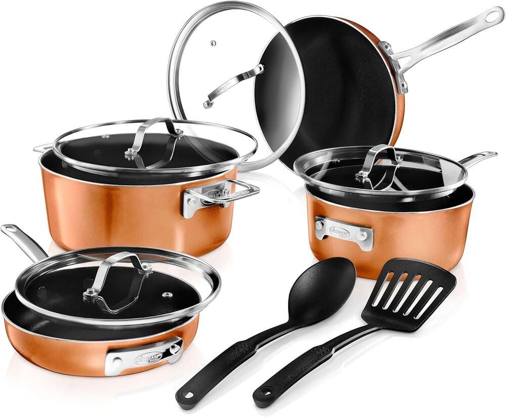 Gotham Steel StackMaster 10- Piece (7 in. and 9 in.) Aluminum Cast Textured Ceramic Nonstick Coating Cookware Set with Utensils