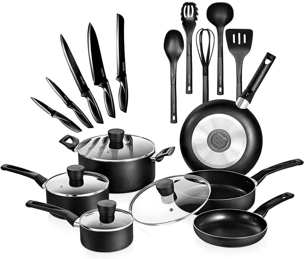 SereneLife 20-Piece Aluminum Nonstick Cookware Set in Black