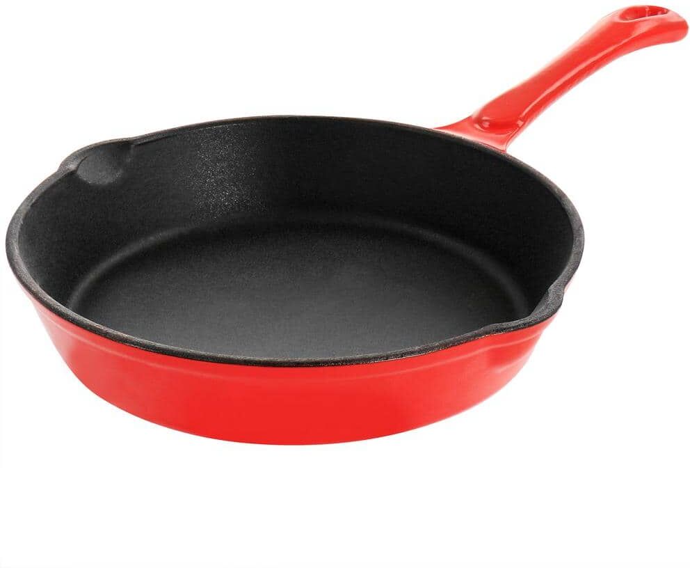 MegaChef Enameled Round 8 in. Pre Seasoned Cast Iron Frying Pan in Red