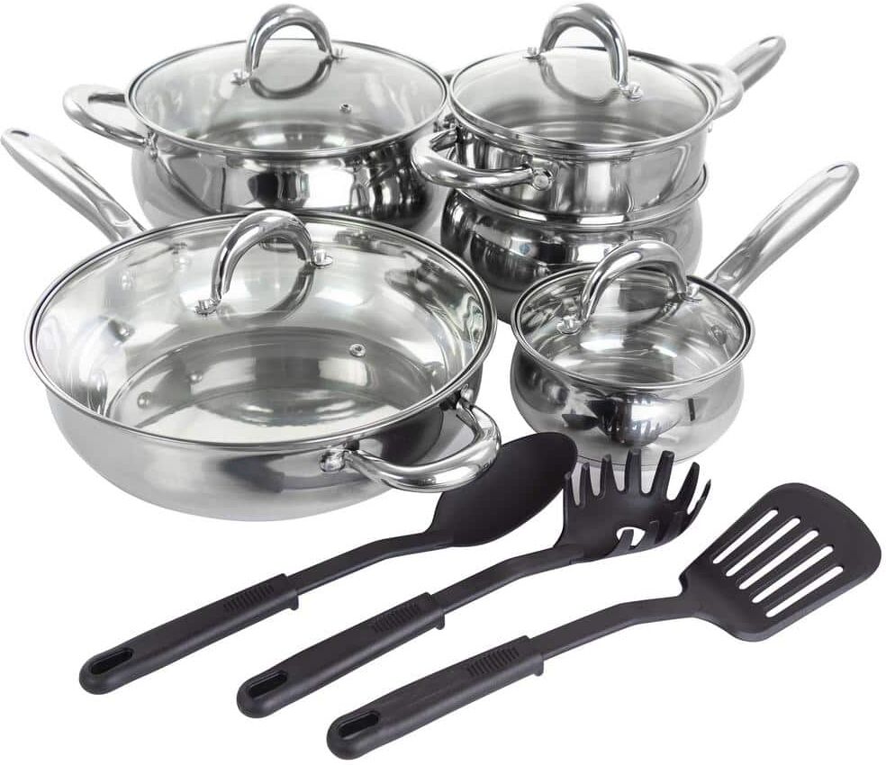 Gibson Ancona 12-Piece Stainless Steel Belly Shaped Cookware Set with Kitchen Tools