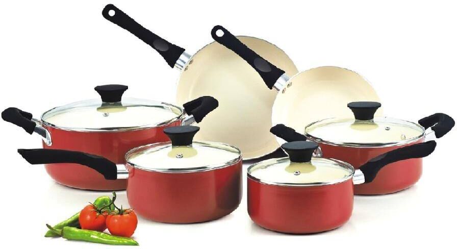 Aoibox 10-Piece Ceramic Nonstick Cookware Set with Saucepans, Frying Pans, Dutch Oven Pots with Lids, Red