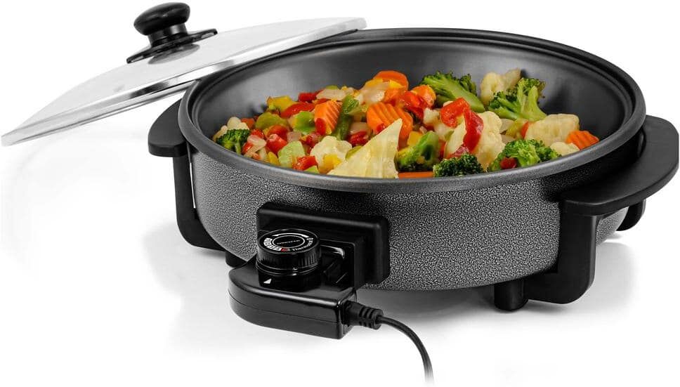 OVENTE 113 Sq. In. Black Electric Skillet with Nonstick Coating, Frying Pan with Tempered Glass Lid