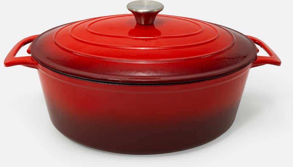 ExcelSteel 6 qt. Oval Cast Iron Casserole Pan and Lid with Red Enamel Coating