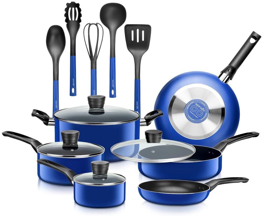 SereneLife 15 Piece Aluminum Nonstick Cookware Set in Blue