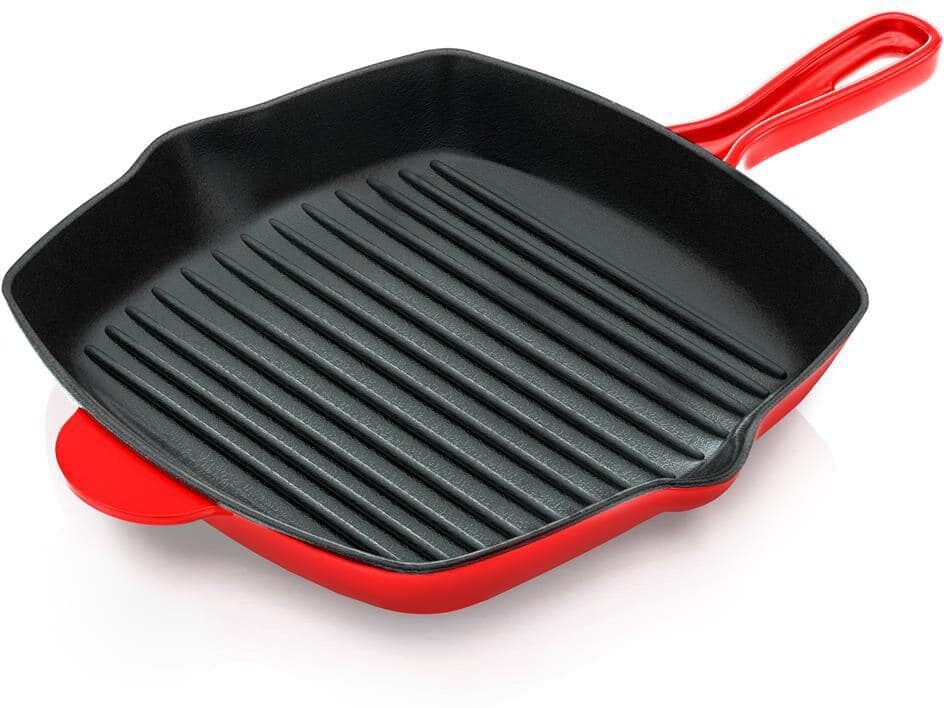 NutriChef Kitchen Skillet Grill Pan - Square Cast Iron Skillet Grilling Pan with Non-Stick Enamel Coating