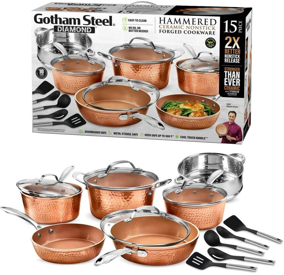 Gotham Steel Hammered Copper 15-Piece Aluminum Non-Stick Cookware Set with Utensils